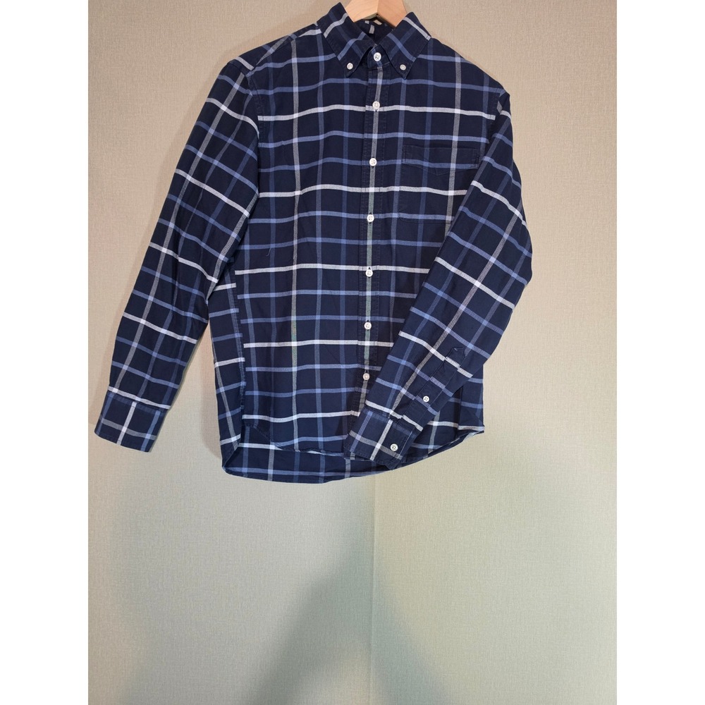 J.Crew Mens Slim Fit Plaid Button Down Small Navy Blue White Cotton Long Sleeve